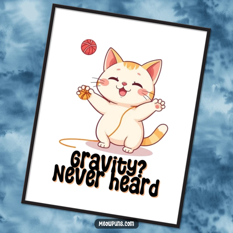 Funny Cat Digital Art Print: High-resolution image of a cat gleefully juggling multiple yarn balls, ready for framing.