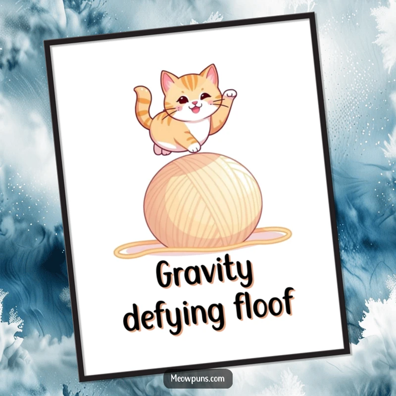 Funny digital art of a cat dramatically leaping over a giant ball of yarn, a humorous depiction of feline energy.