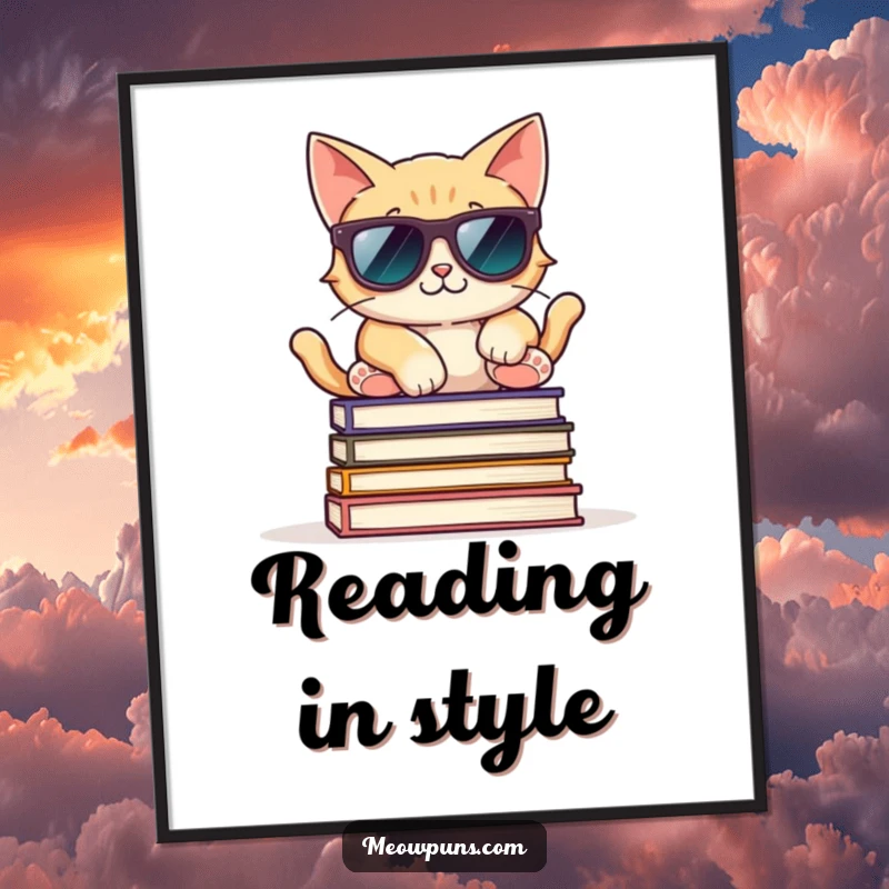 Funny digital art print of a cool cat with sunglasses, relaxed on books, for stylish and calm wall decor.