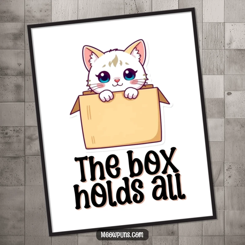 Funny curious cat character peeking from a box, offered as a high-resolution digital art download for instant humorous decor.