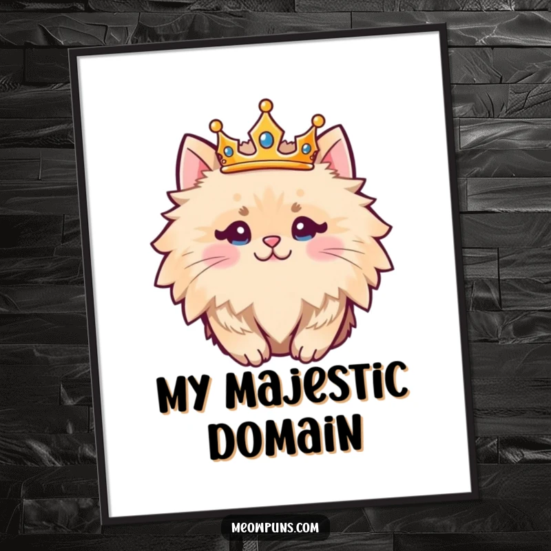 Funny fluffy cat character wearing a crown, offered as a high-resolution digital art download for instant humorous decor.