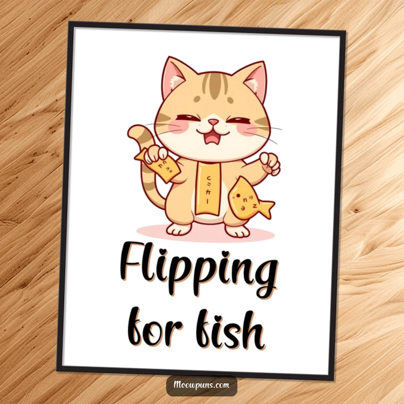 Funny digital art print of a mischievous cat juggling three fish-shaped crackers, embodying playful skill and comical snack-related humor.