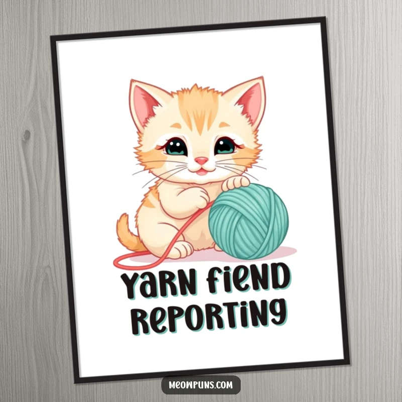 Funny digital art print of a kitten playing with a ball of yarn, printable wall decor for a touch of cute humor.