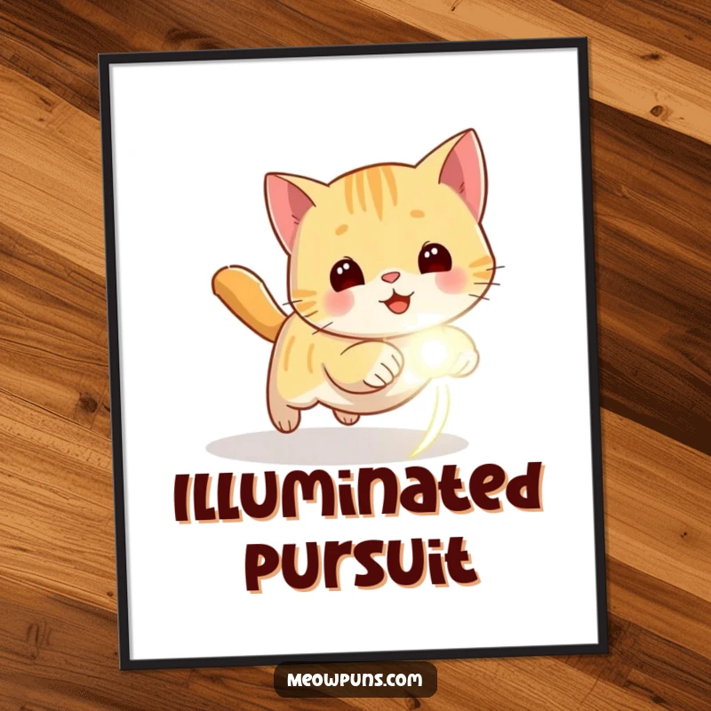 Funny digital art print of a cat chasing a glowing laser dot, designed for energetic and humorous wall decor.