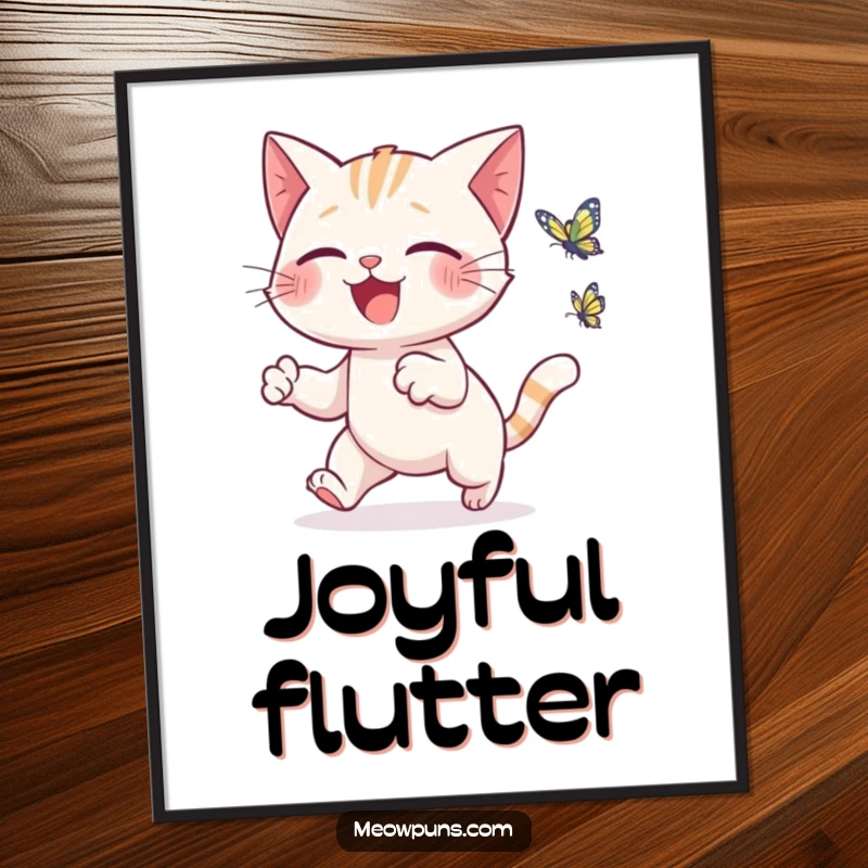 Funny cat digital art print of a cute cat joyfully leaping towards a tiny, animated butterfly, perfect for cheerful decor.
