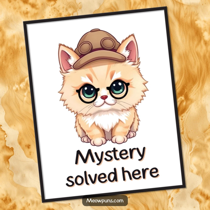 Funny fluffy cat detective in a small hat, ready to solve mysteries, available as a digital art print.