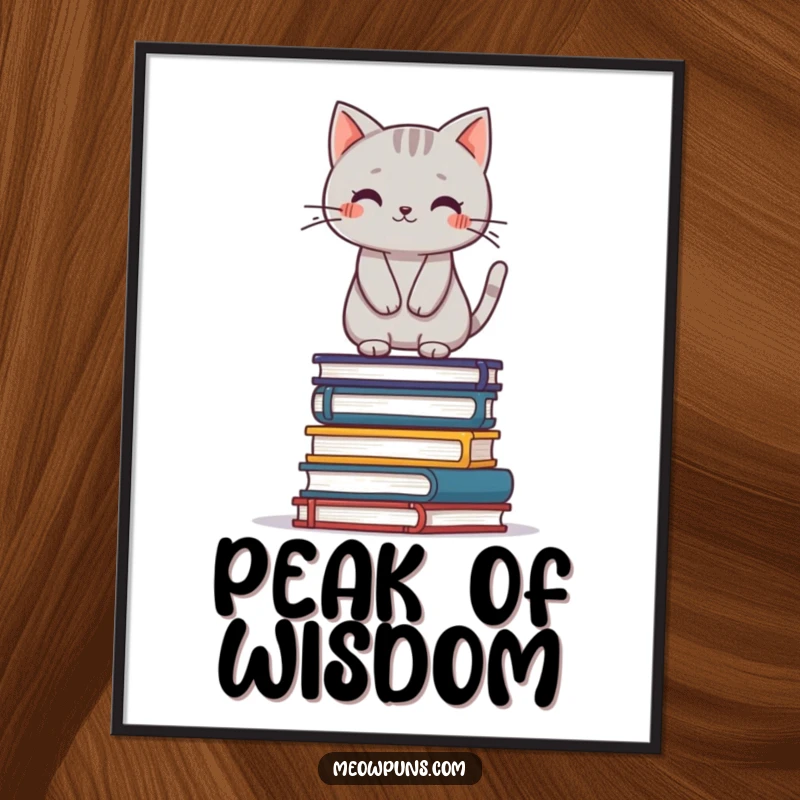 Funny cute grey cat balancing precariously on a stack of books, presented as a humorous digital art print for wall decor.