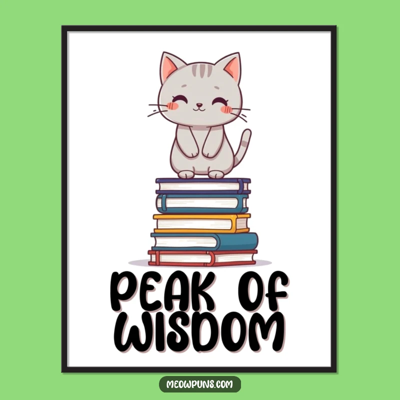 Funny Cat Books Art Print: Grey Cat Balancing Decor, Whimsical Digital Gift