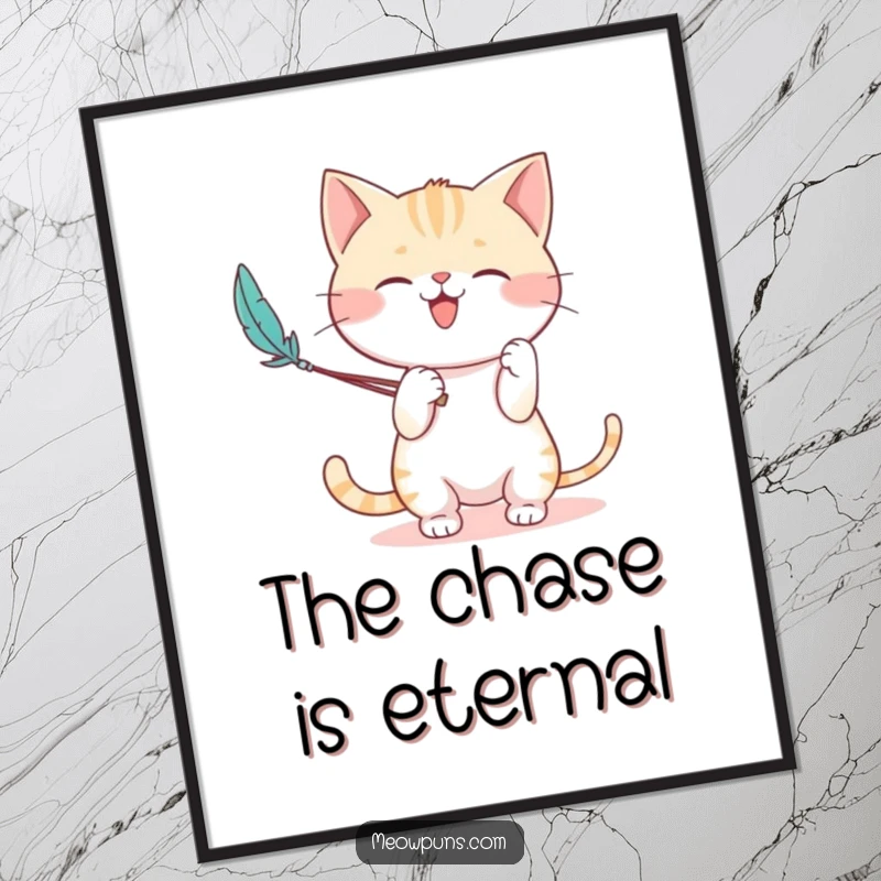 Funny digital art print of a cute cat character enthusiastically playing with a feather wand, radiating playful feline energy.