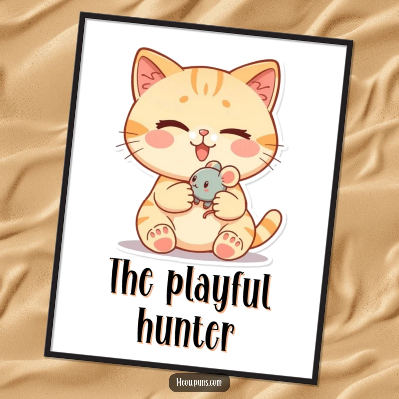 Funny cat digital art print of a cute cat winking while holding a tiny, rolling toy mouse, perfect for playful decor.