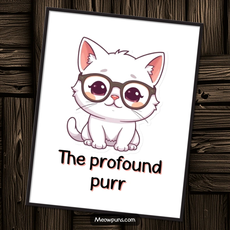 Funny white cat character wearing glasses, looking thoughtful and purring, rendered as a humorous digital art print for wall decor.