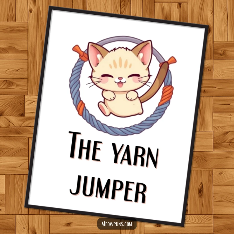 Funny mischievous Siamese cat character jumping through a hoop of yarn, rendered as a humorous digital art print for wall decor.