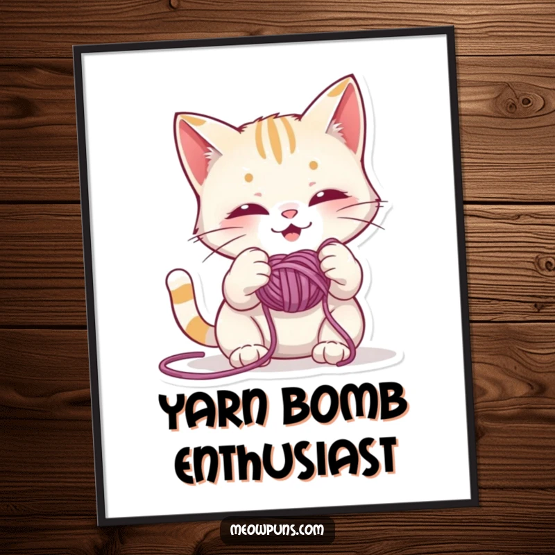Funny digital art print of a mischievous cat character gleefully playing with a ball of yarn, perfect for adding humorous wall decor.