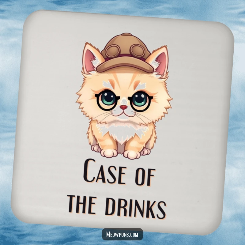 Funny fluffy cat detective wearing a hat on a drink coaster, adding a touch of humor to tabletops.
