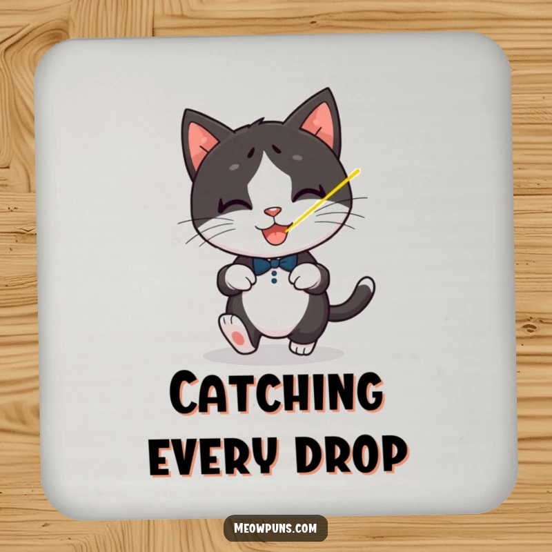 Funny Tuxedo Cat Coaster, a playful tuxedo cat chases a laser dot, offering humorous surface protection.
