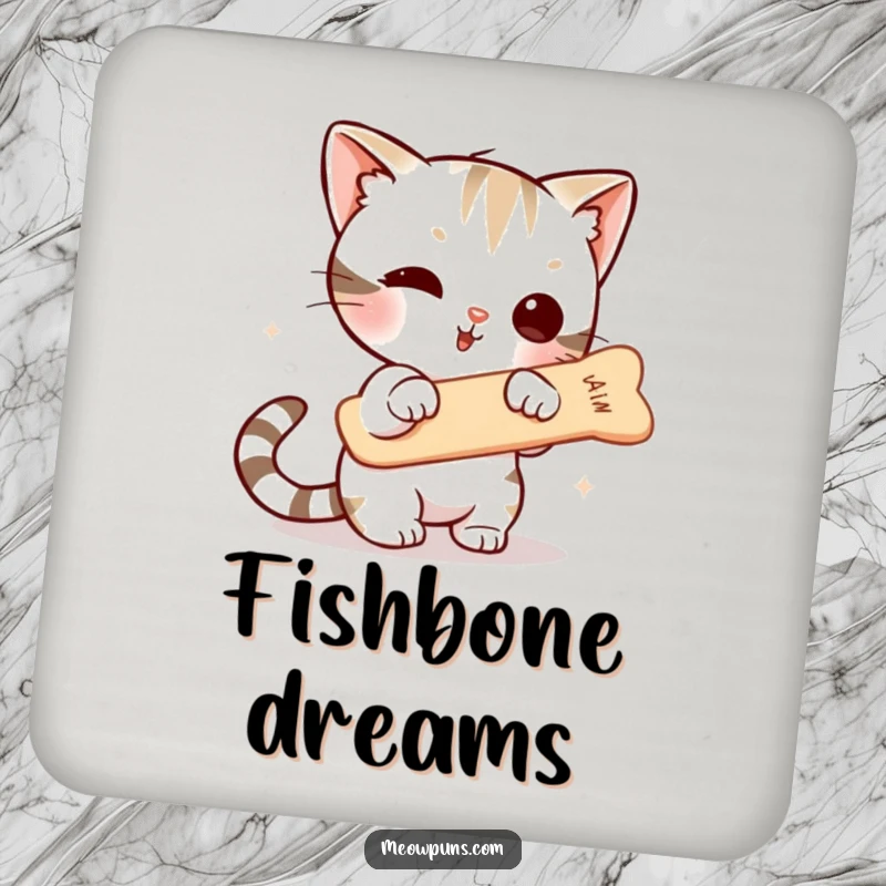 Funny drink coasters featuring a cute cat character lunging towards a floating fishbone, adding a playful touch to any beverage setting.