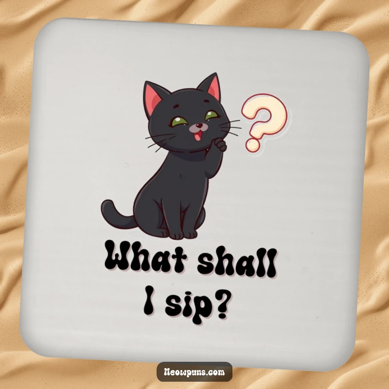 Funny black cat batting at a question mark, on a protective drink coaster, adding a humorous and inquisitive element.