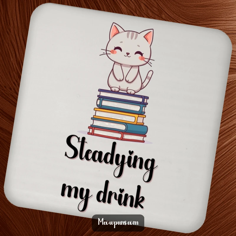 Funny grey cat balancing on a stack of books, on a protective drink coaster, adding a humorous and stable element.