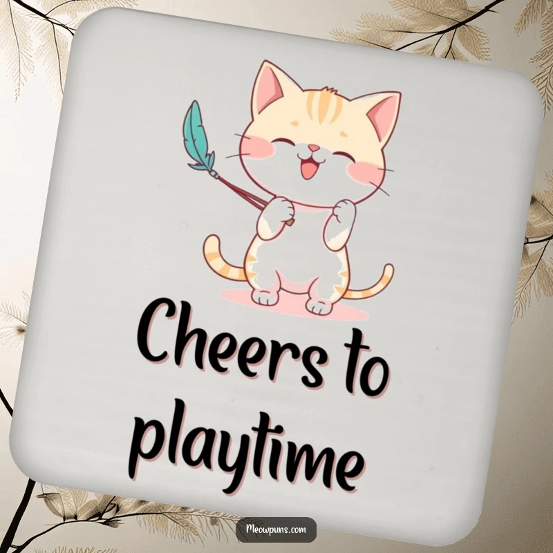 Funny drink coaster featuring a cute cat character enthusiastically playing with a feather wand, adding playful feline humor to your table.