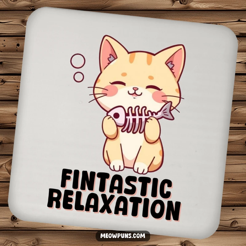 Funny drink coaster with a cute, pleased cat and a fish skeleton in its thought bubble, providing feline-themed surface protection.