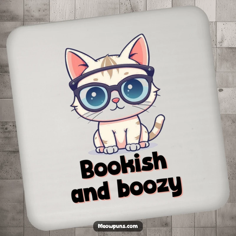 Funny drink coasters showcasing a cute cat character wearing oversized reading glasses, adding a sophisticated yet humorous touch to beverage settings.
