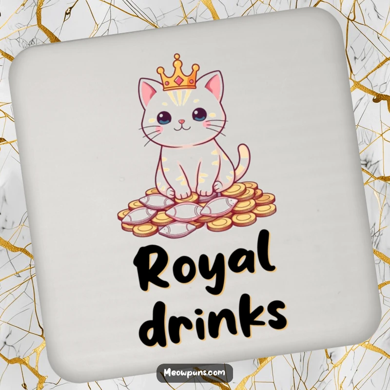 Funny drink coasters featuring a cat wearing a tiny crown and sitting on fish-shaped coins, adding royal humor.