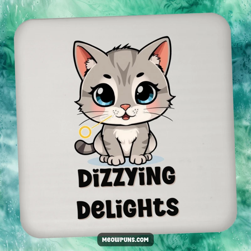 Funny drink coaster with a cat with wide, amazed eyes chasing a laser dot in a dizzying pattern, offering surface protection with energetic humor.