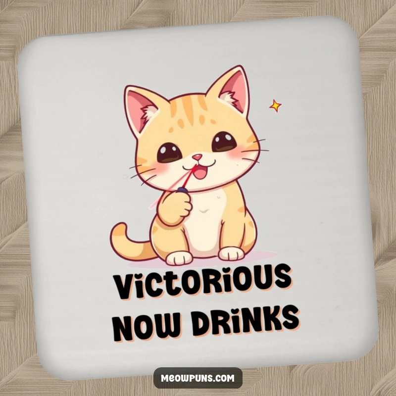 Funny coaster featuring a cat triumphantly holding a tiny laser pointer, a symbol of funny feline conquest.