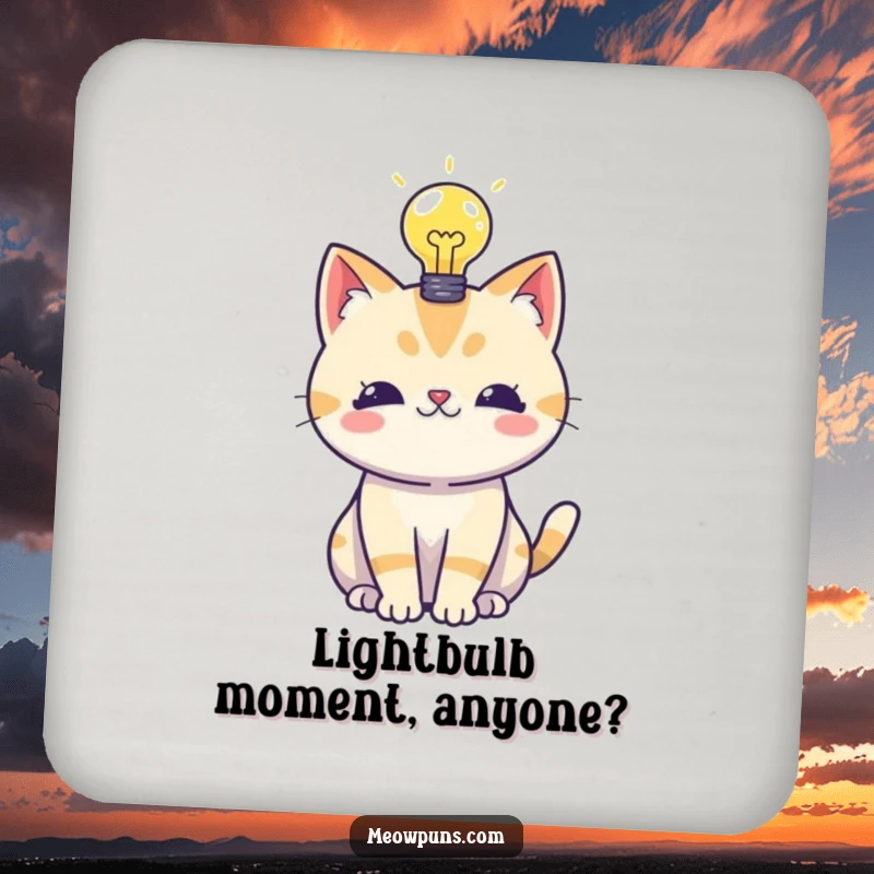 Funny drink coasters decorated with a cat having a lightbulb idea, adding witty protection to any surface.