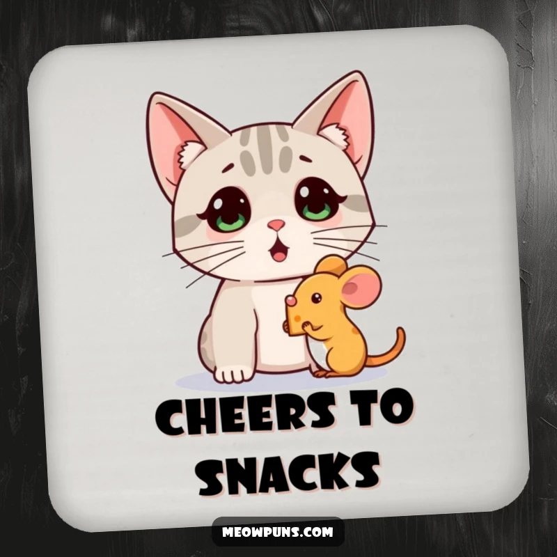 Funny drink coaster featuring a surprised cat watching a mouse holding a tiny cheese wedge, protecting surfaces with feline charm.