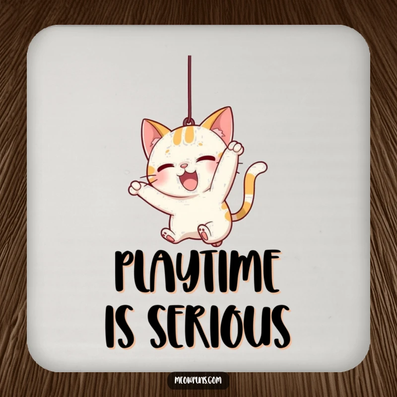 Funny Cat Pounce Coaster, featuring a cat aggressively pouncing on a string, protecting surfaces with a touch of playful humor.