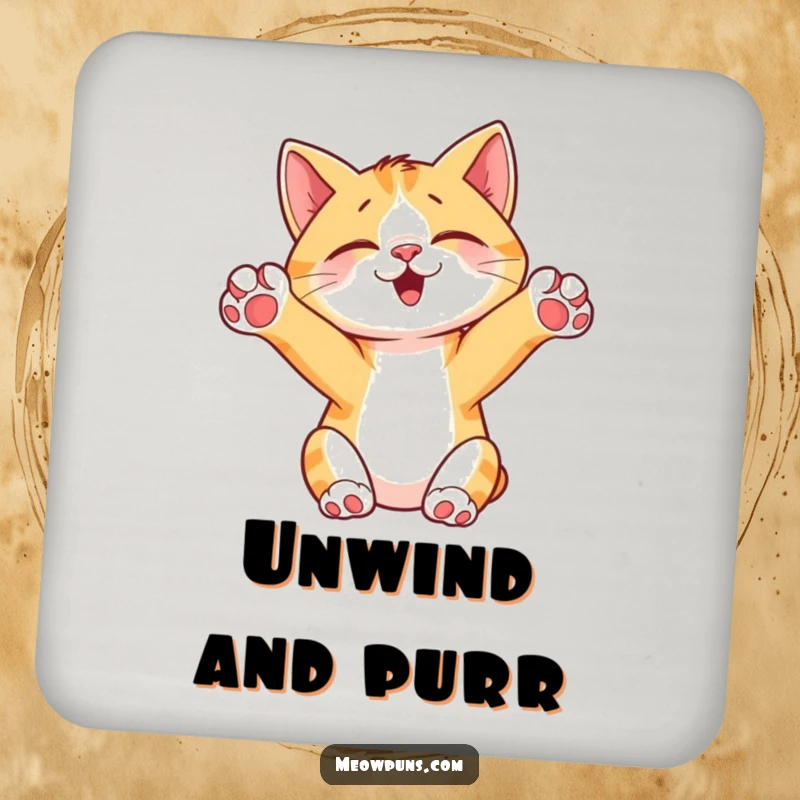 Funny Cat Stretching Coaster, featuring a cute cat stretching with paws up, protecting surfaces with a humorous and charming design.