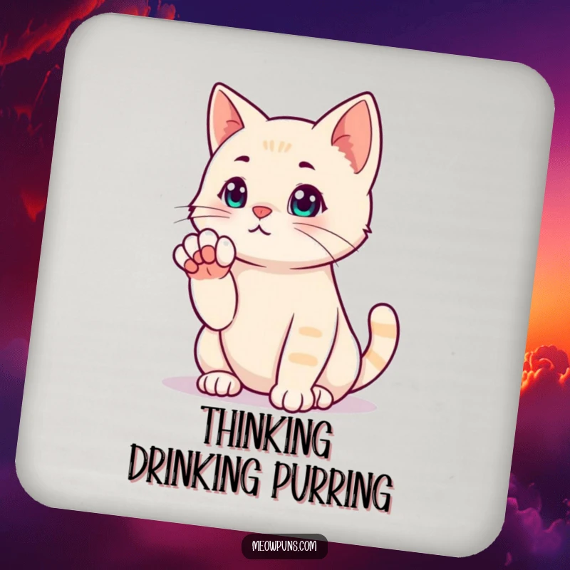 Funny coaster featuring a cat in a classic thinking pose, symbolizing contemplation and wit.