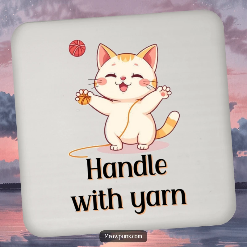 Funny Cat Coaster: Adorable illustration of a cat artistically juggling yarn balls, protecting your furniture with humor.