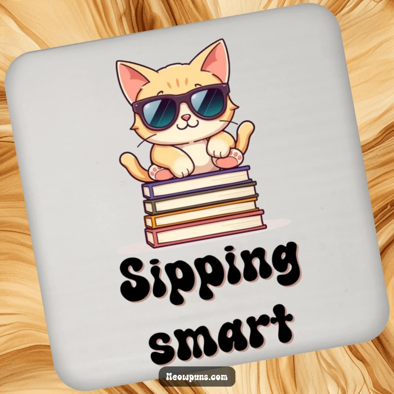 Funny drink coaster featuring a cool cat with sunglasses, relaxed on books, protecting surfaces with stylish flair.