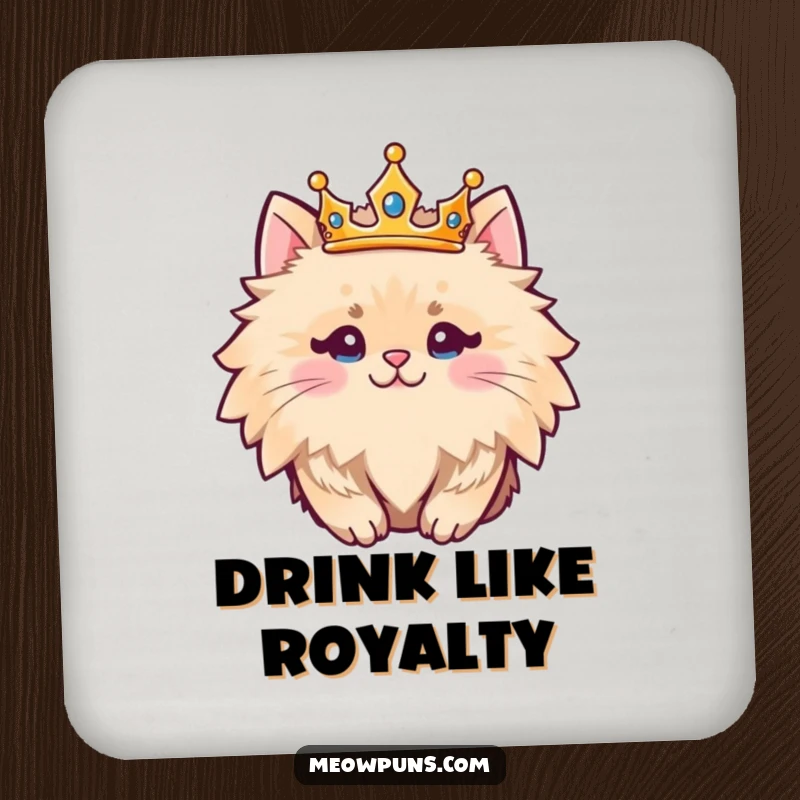 Funny fluffy cat character wearing a crown, providing humorous protection for surfaces on this coaster.