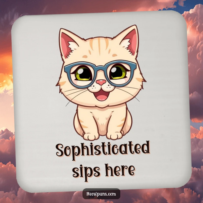 Funny coasters set with a happy cat wearing spectacles, offering humorous protection for furniture surfaces.