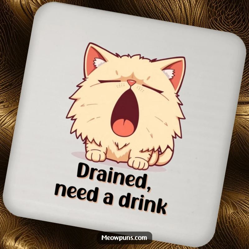 Funny Persian Cat Coaster, a sleepy Persian cat yawns widely with a pun, offering humorous surface protection.