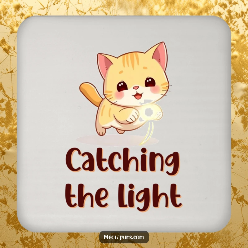 Funny coasters set with a cat chasing a laser dot, offering humorous protection for furniture surfaces.