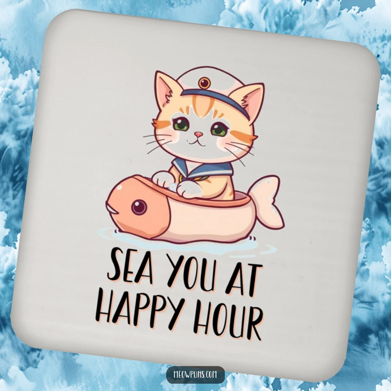 Funny cat coaster featuring a sailor cat captaining a fish-shaped boat, providing both surface protection and a nautical theme.