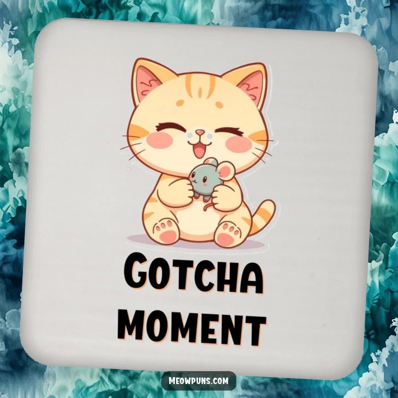 Funny cat coaster featuring a cute cat winking while holding a tiny, rolling toy mouse, protecting surfaces.