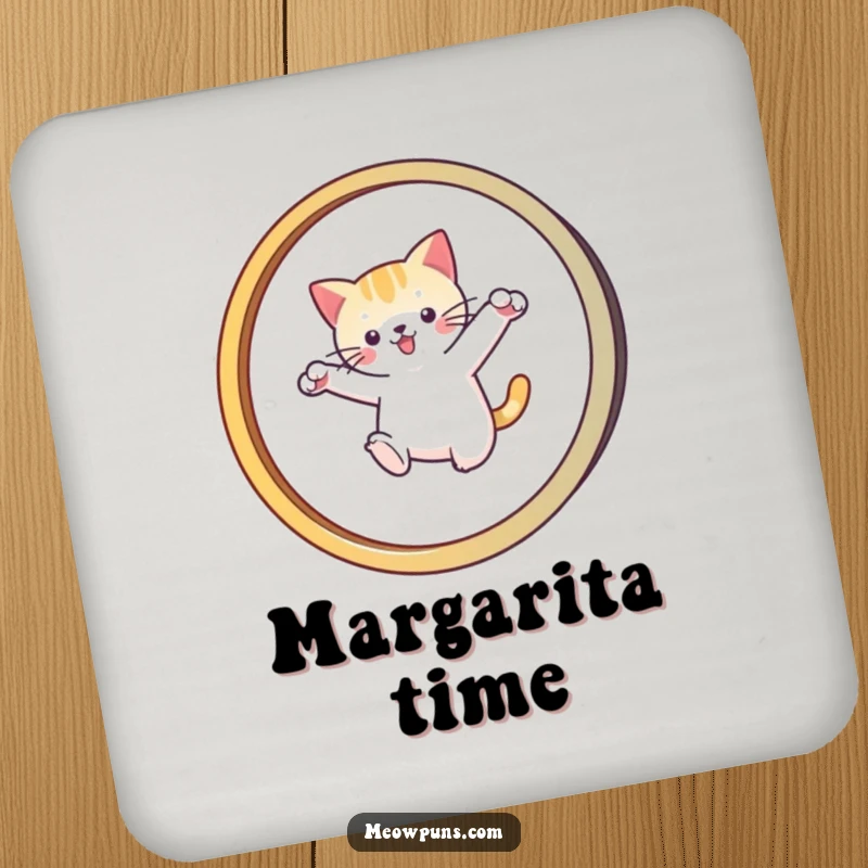 Funny drink coaster with a cat leaping through an 'M' hoop, adding humorous feline agility to surfaces.
