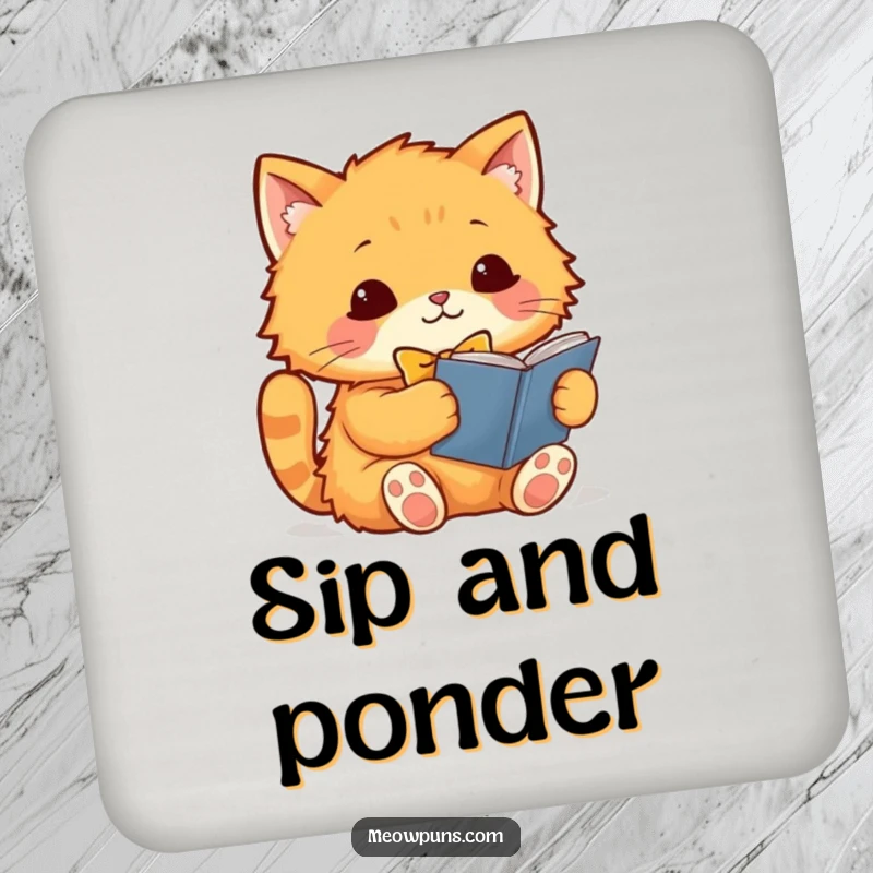 Funny orange cat with a bowtie reading a book, on a protective drink coaster, adding a touch of humor to any surface.