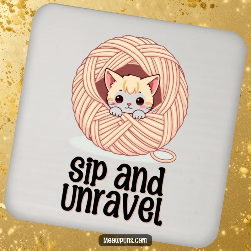 Funny drink coasters with a cute cat character peeking from a yarn ball, adding playful charm to any table.