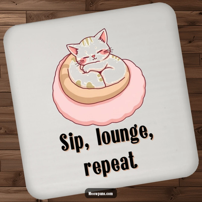 Funny cat coaster featuring a content cat curled up on a plush letter, offering surface protection with a cozy theme.