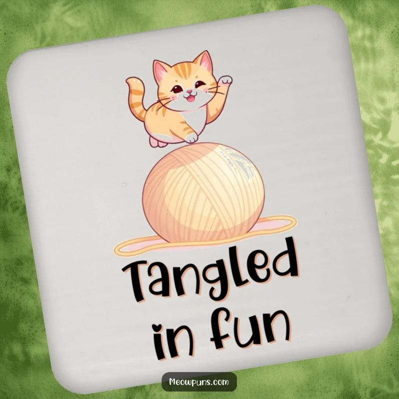 Funny coaster featuring a cat in a dramatic leap over a giant ball of yarn, a humorous and playful design.