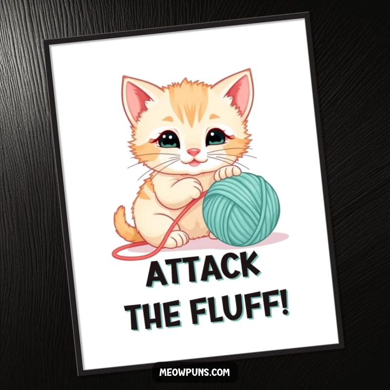 Funny poster print of a playful kitten engrossed in batting a large ball of yarn, full of cute energy.