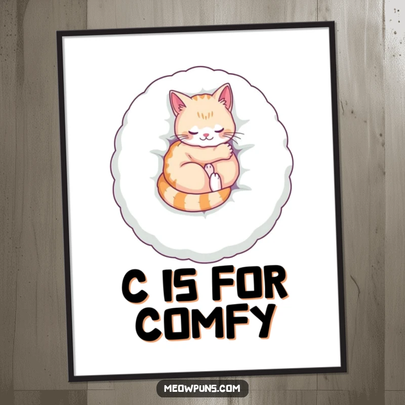 Funny poster of a cat curled up on a large plush letter, purring contentedly, a humorous depiction of ultimate feline comfort.