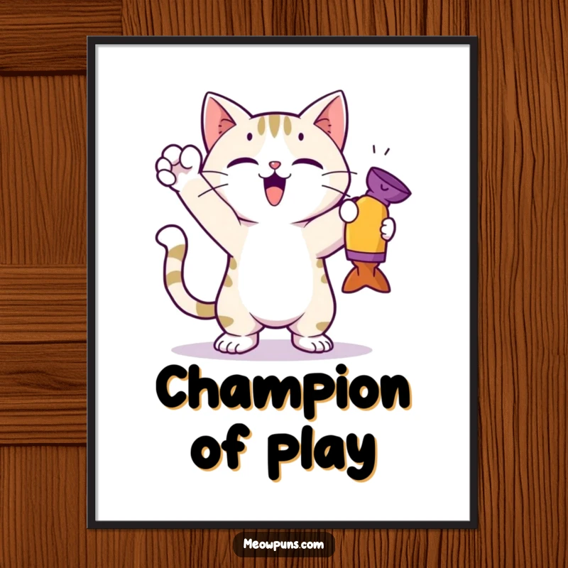 Funny cat poster featuring a cute cat in a triumphant pose, holding a toy victoriously, adding celebratory art.