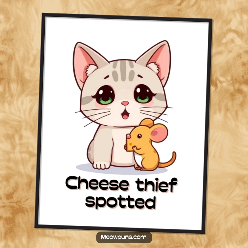 Funny poster showing a surprised cat with perked ears, observing a mouse holding a tiny cheese wedge, adding whimsical charm.